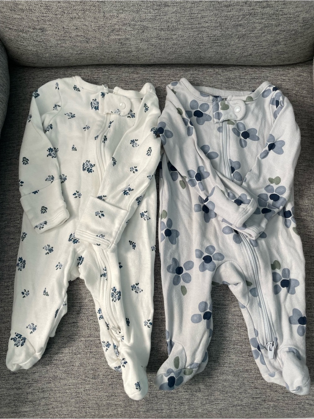 Baby Floral Footed One-Piece Sleepers - White & Light Blue